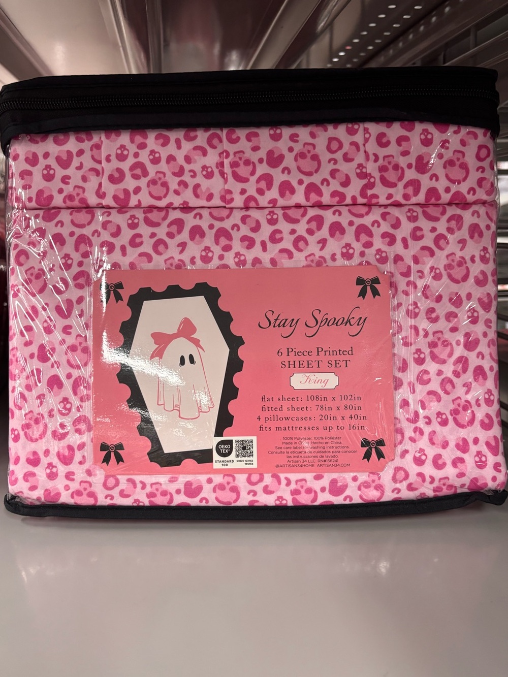 Viral Pink skull Printed 6-Piece Sheet Set KING size Halloween